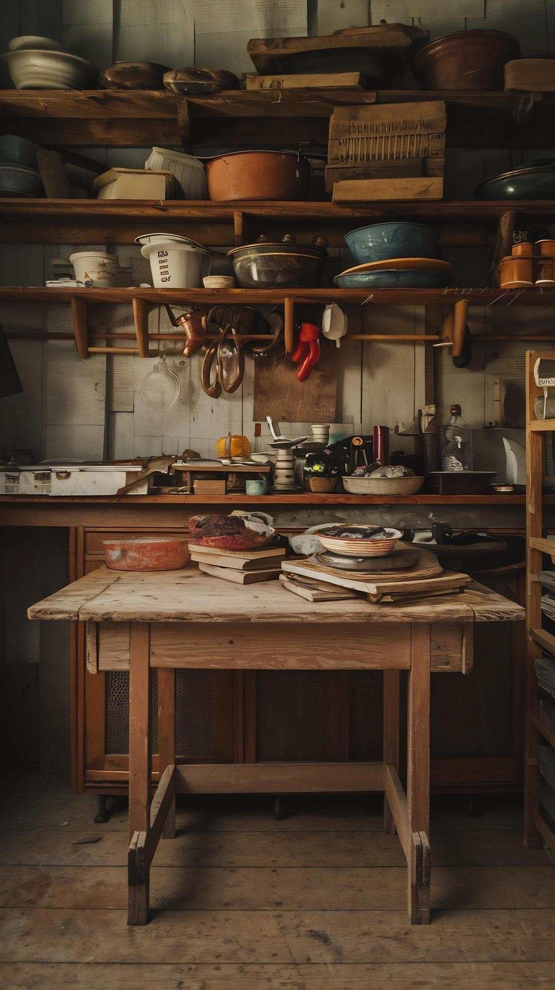 Interior atelier: blat de lucru și ustensile